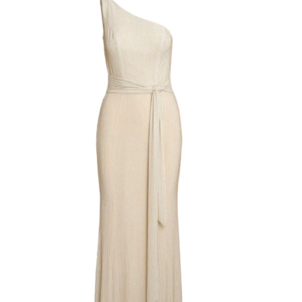 NEW $398 Ieena for Macduggal Metallic Stretch One-Shoulder Evening Gown Size 8